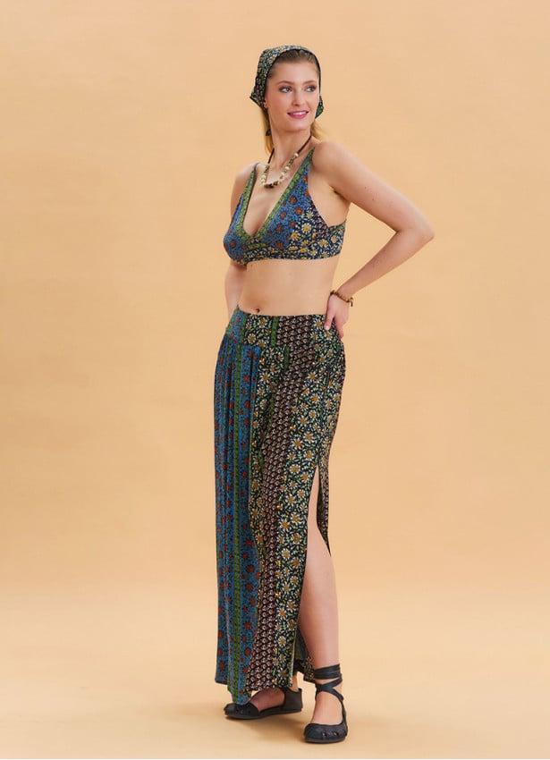 Navy Blue Long Skirt with Elastic Waist and Deep Slit 4502